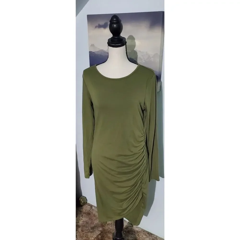Olive Green Ruched Mini Dress - Picture 1 of 6